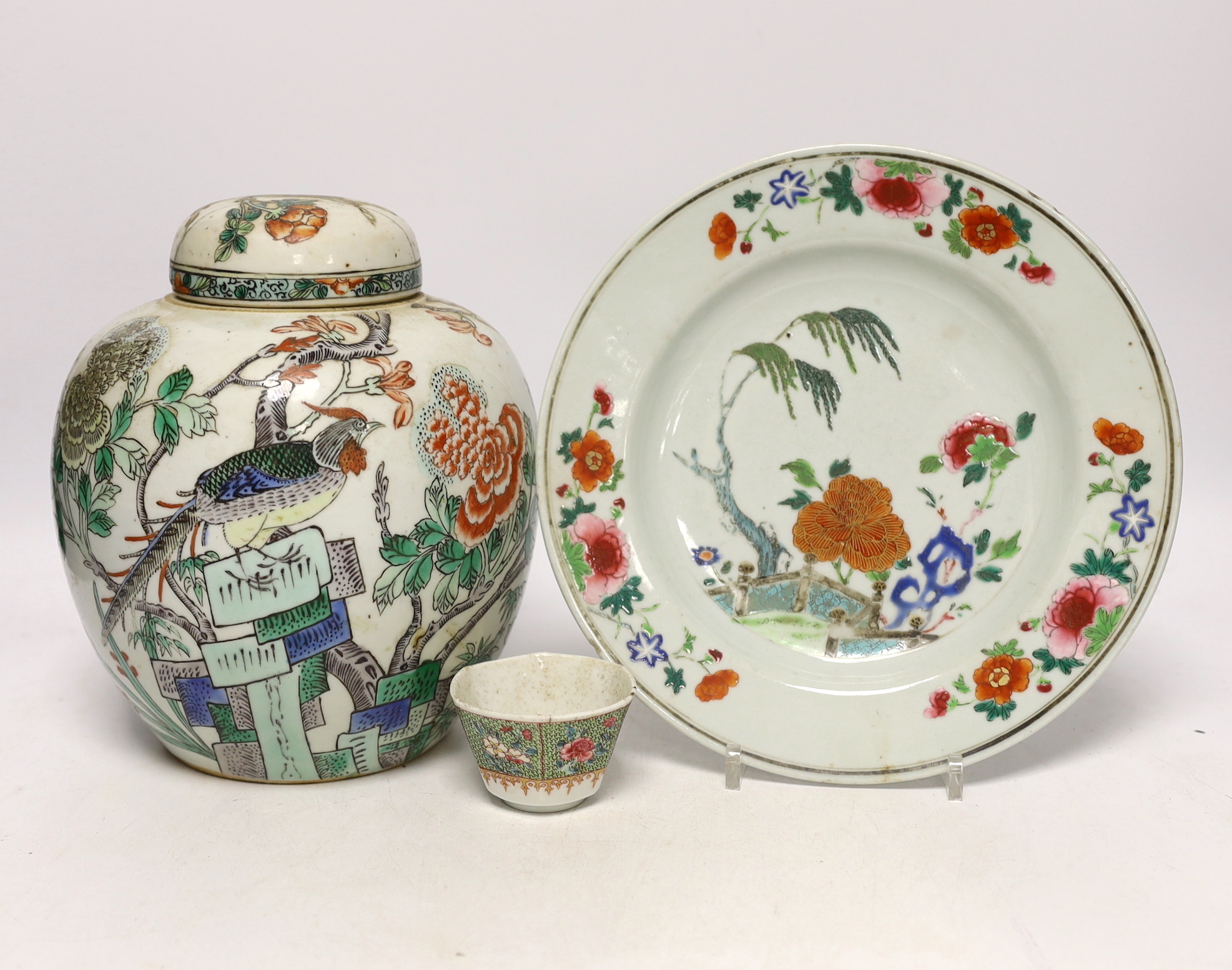 An 18th century Chinese export famille rose plate together with a Chinese teabowl, jar and cover, tallest 20cm